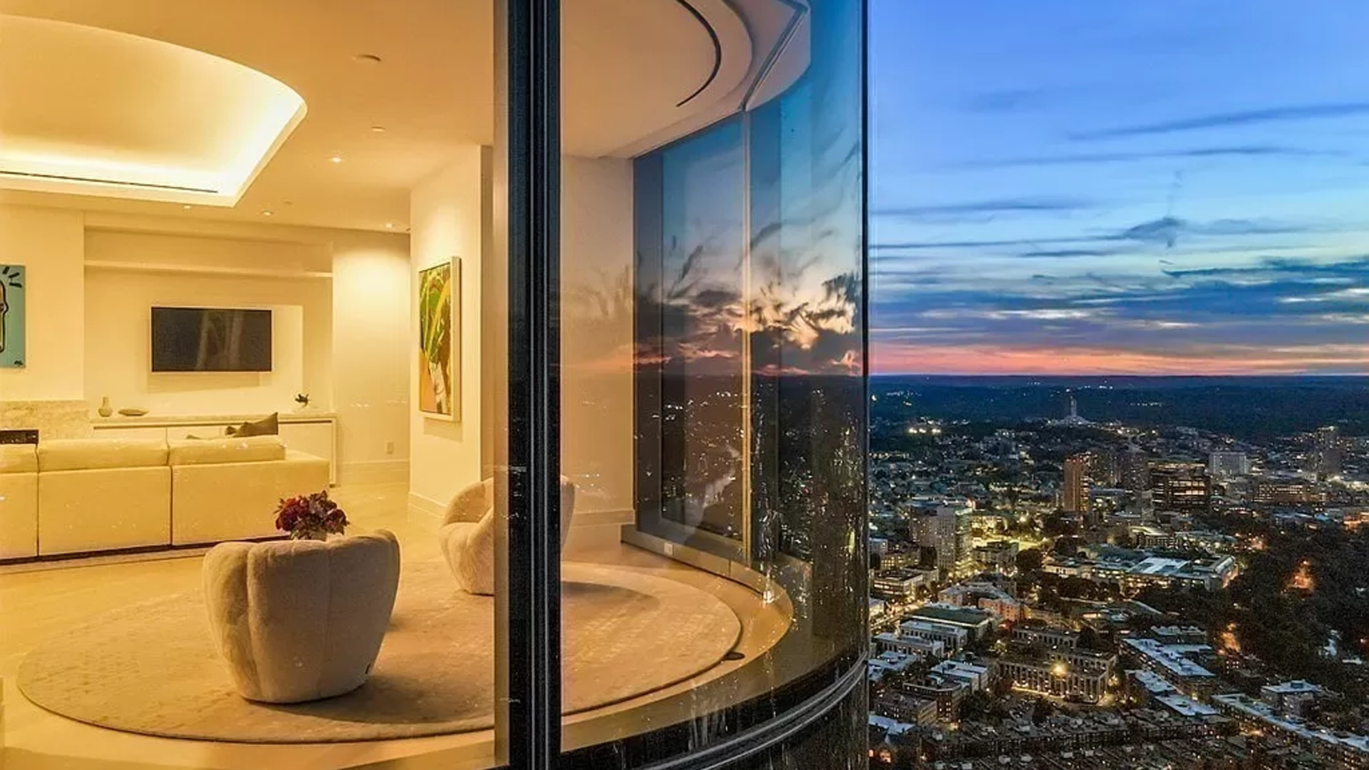 Luxury penthouse in Boston, MA view from outside of window taken on drone